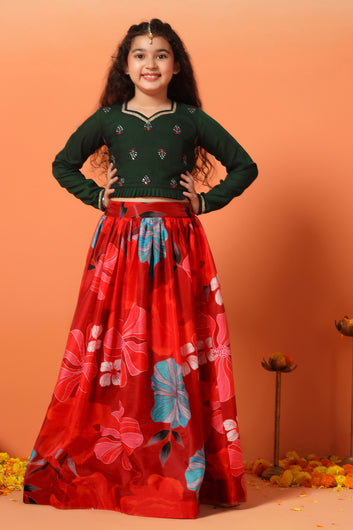 Girls Chanderi Silk Floral Lehenga Choli With Dupatta Set