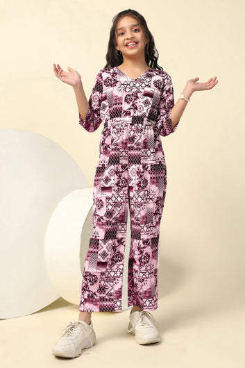 Girls Magenta Cotton Blend All-Over Printed A-Line Ankle Length Jumpsuit