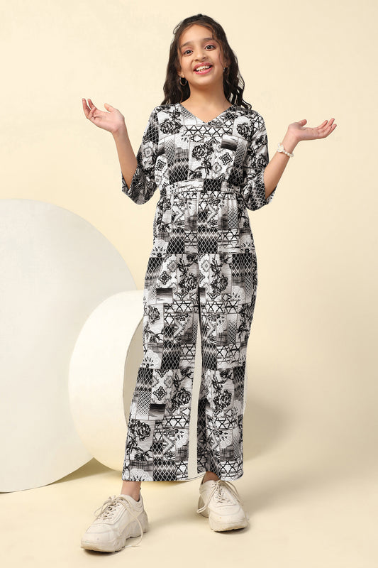 Girls Black Cotton Blend All-Over Printed A-Line Ankle Length Jumpsuit