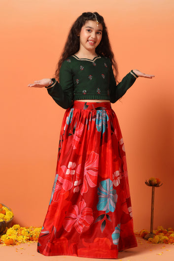 Girls Chanderi Silk Floral Lehenga Choli With Dupatta Set