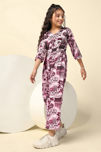 Girls Magenta Cotton Blend All-Over Printed A-Line Ankle Length Jumpsuit