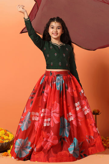 Girls Chanderi Silk Floral Lehenga Choli With Dupatta Set