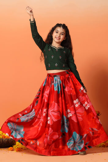 Girls Chanderi Silk Floral Lehenga Choli With Dupatta Set