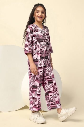 Girls Magenta Cotton Blend All-Over Printed A-Line Ankle Length Jumpsuit