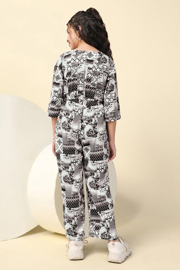 Girls Black Cotton Blend All-Over Printed A-Line Ankle Length Jumpsuit