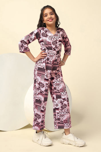 Girls Magenta Cotton Blend All-Over Printed A-Line Ankle Length Jumpsuit