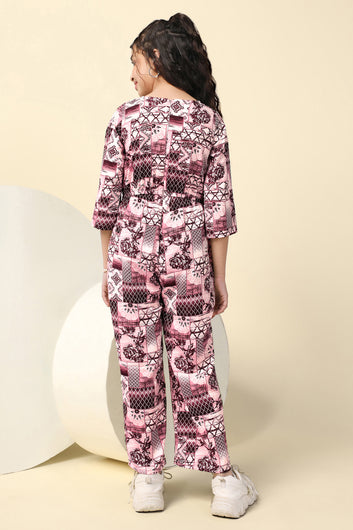 Girls Magenta Cotton Blend All-Over Printed A-Line Ankle Length Jumpsuit