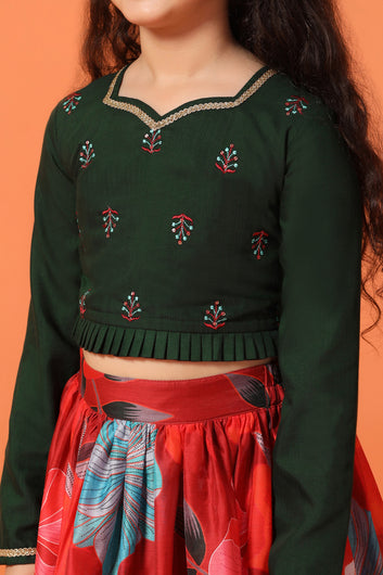 Girls Chanderi Silk Floral Lehenga Choli With Dupatta Set