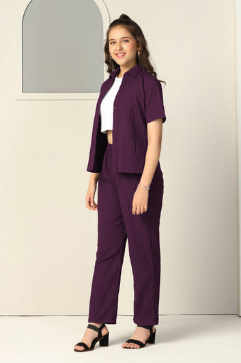 Girls Dark Purple Cotton Blend Solid Shirt And Inner With Trouser Set