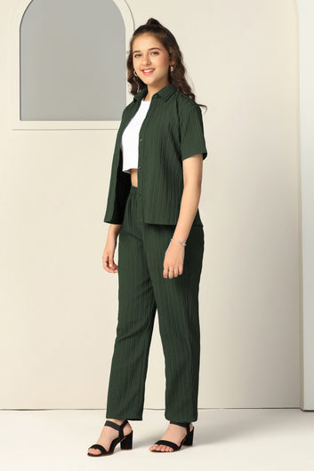 Girls Olive Cotton Blend Solid Shirt And Inner With Trouser Set