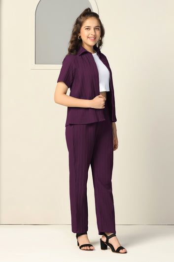 Girls Dark Purple Cotton Blend Solid Shirt And Inner With Trouser Set