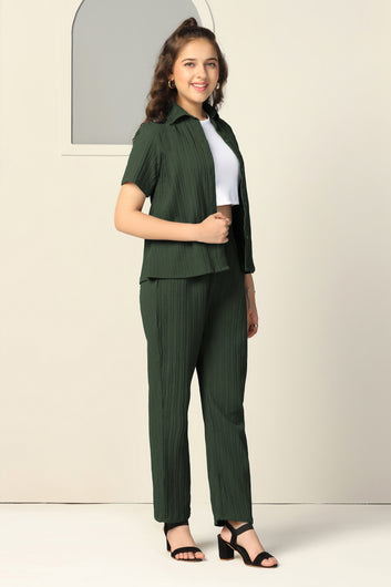 Girls Olive Cotton Blend Solid Shirt And Inner With Trouser Set