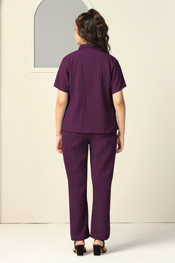 Girls Dark Purple Cotton Blend Solid Shirt And Inner With Trouser Set