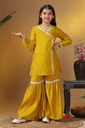 Girls Mustard Silk Blend Solid Kurta With Sharara Set