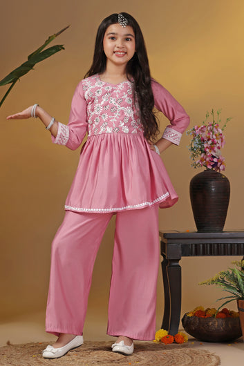 Girls Pink Silk Blend Ethnic Embroidered Peplum Style Kurta With Palazzo Set