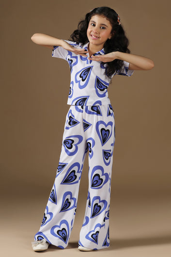 Girls White Cotton Blend Hart printed Top and Pant Sets