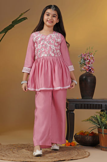 Girls Pink Silk Blend Ethnic Embroidered Peplum Style Kurta With Palazzo Set