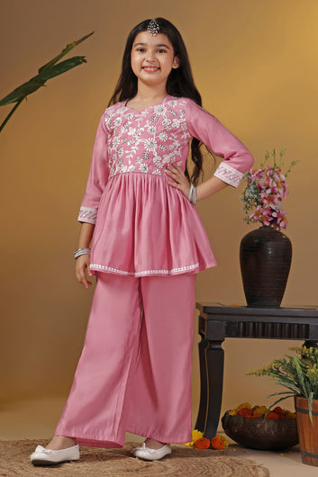 Girls Pink Silk Blend Ethnic Embroidered Peplum Style Kurta With Palazzo Set