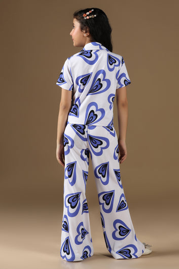 Girls White Cotton Blend Hart printed Top and Pant Sets