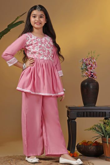 Girls Pink Silk Blend Ethnic Embroidered Peplum Style Kurta With Palazzo Set