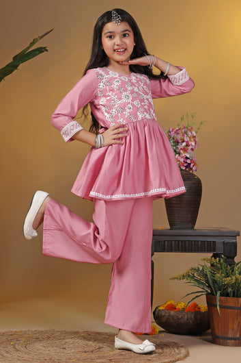 Girls Pink Silk Blend Ethnic Embroidered Peplum Style Kurta With Palazzo Set