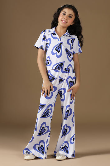 Girls White Cotton Blend Hart printed Top and Pant Sets