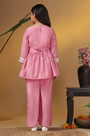 Girls Pink Silk Blend Ethnic Embroidered Peplum Style Kurta With Palazzo Set