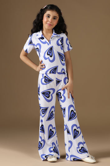 Girls White Cotton Blend Hart printed Top and Pant Sets