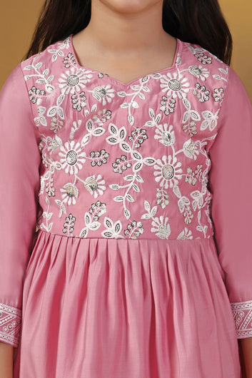 Girls Pink Silk Blend Ethnic Embroidered Peplum Style Kurta With Palazzo Set