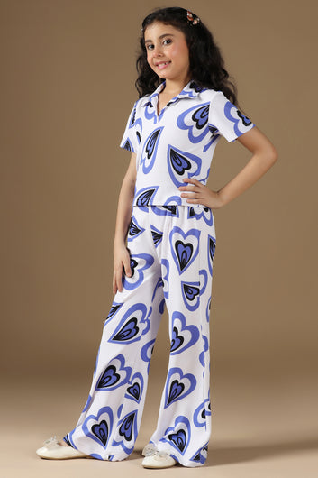 Girls White Cotton Blend Hart printed Top and Pant Sets