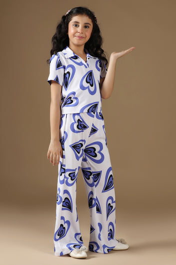Girls White Cotton Blend Hart printed Top and Pant Sets
