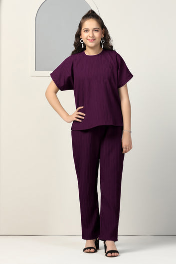 Girls Dark Purple Cotton Blend Solid T-Shirt With Trouser Set