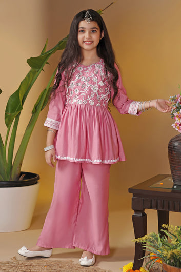 Girls Pink Silk Blend Ethnic Embroidered Peplum Style Kurta With Palazzo Set