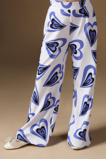 Girls White Cotton Blend Hart printed Top and Pant Sets