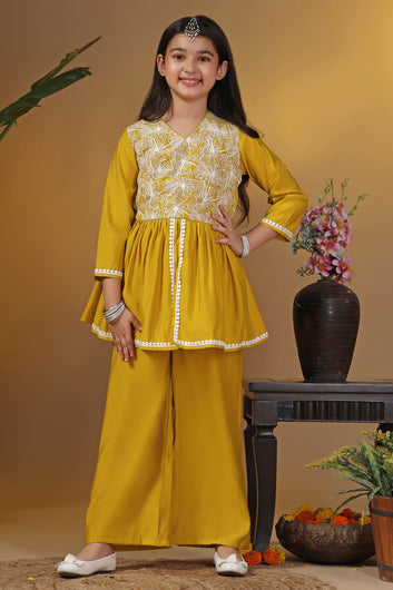 Girls Mustard Silk Blend Embroidered Peplum Kurta With Pant Set