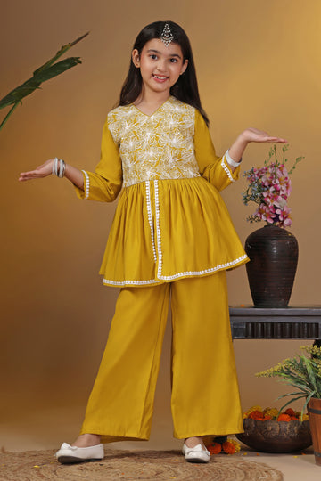 Girls Mustard Silk Blend Embroidered Peplum Kurta With Pant Set