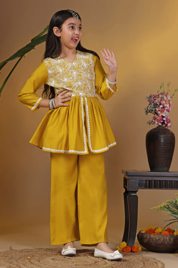 Girls Mustard Silk Blend Embroidered Peplum Kurta With Pant Set