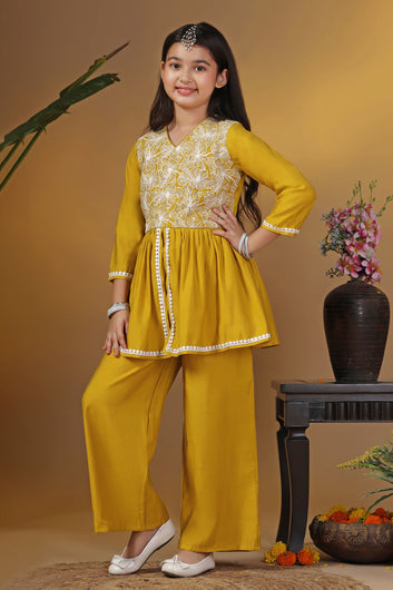 Girls Mustard Silk Blend Embroidered Peplum Kurta With Pant Set