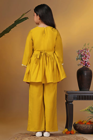 Girls Mustard Silk Blend Embroidered Peplum Kurta With Pant Set