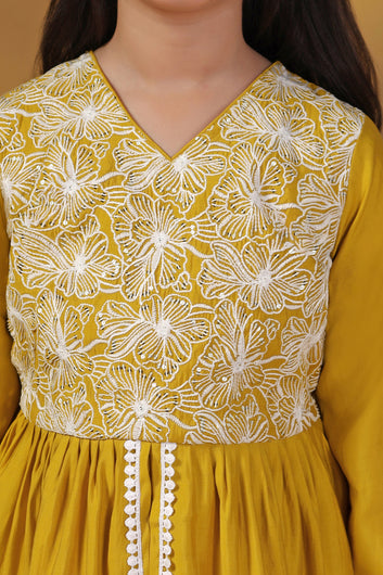 Girls Mustard Silk Blend Embroidered Peplum Kurta With Pant Set