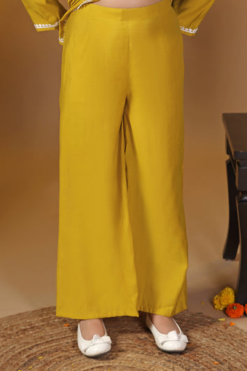 Girls Mustard Silk Blend Embroidered Peplum Kurta With Pant Set