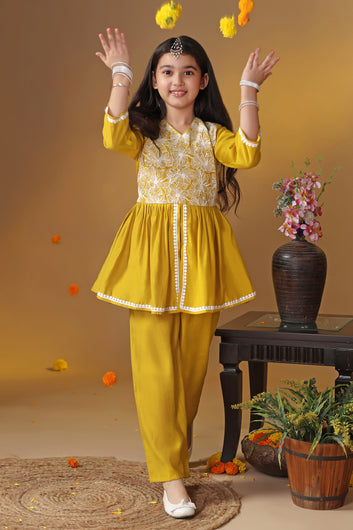 Girls Mustard Silk Blend Embroidered Peplum Kurta With Pant Set