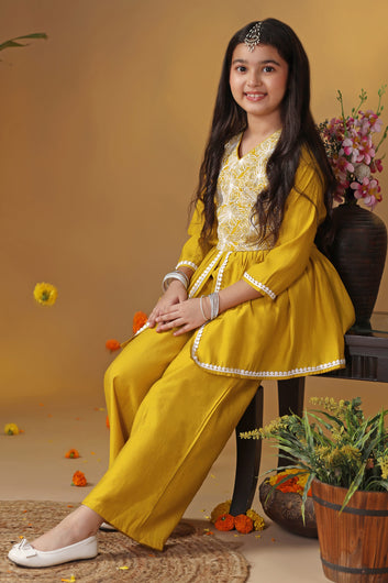 Girls Mustard Silk Blend Embroidered Peplum Kurta With Pant Set