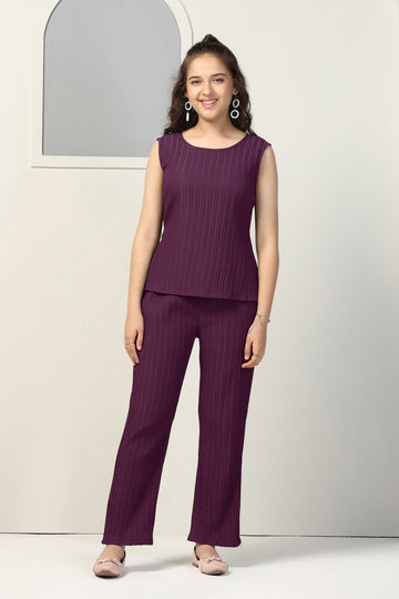 Girls Dark Purple Viscose Rayon Solid Top With Trouser Set