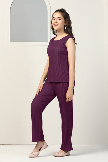 Girls Dark Purple Viscose Rayon Solid Top With Trouser Set