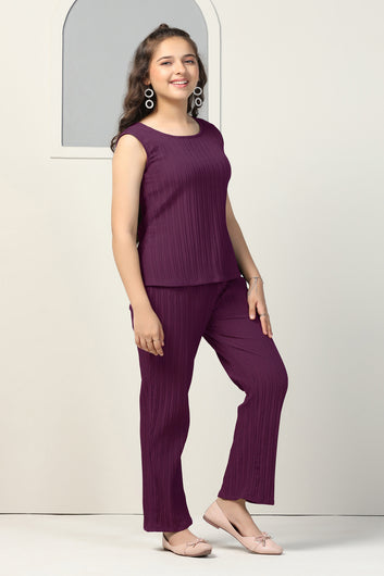 Girls Dark Purple Viscose Rayon Solid Top With Trouser Set