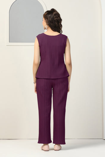 Girls Dark Purple Viscose Rayon Solid Top With Trouser Set