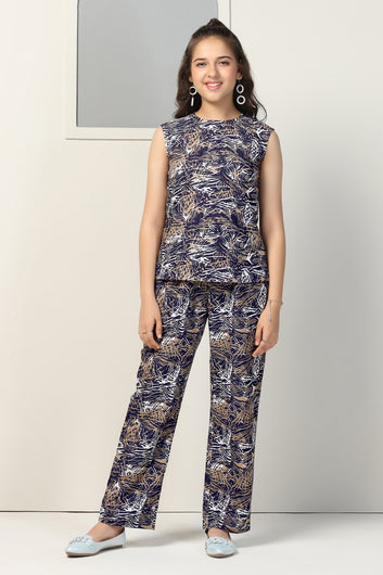 Girls Navy Blue Shukrana All Over Printed Top With Trouser Set