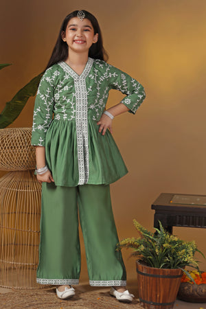 Girls Olive Silk Blend Embroidered Peplum Kurta With Pant Set