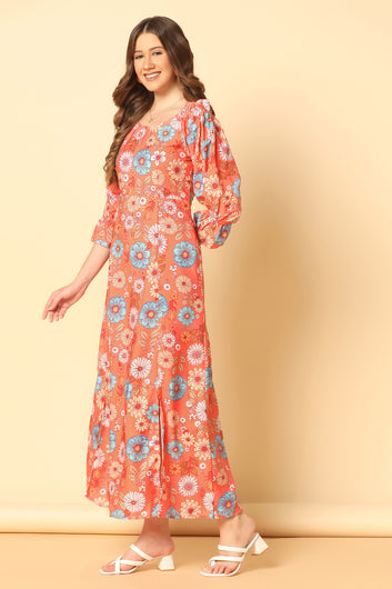 Womens Orange American Crepe Floral Print Slit Dresses